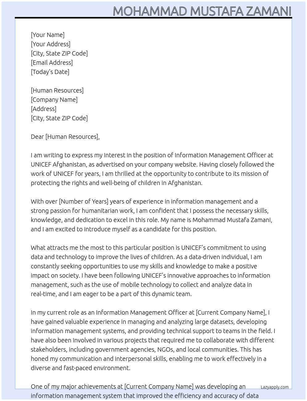 information management officer At UNICEF Afghanistan Cover Letter