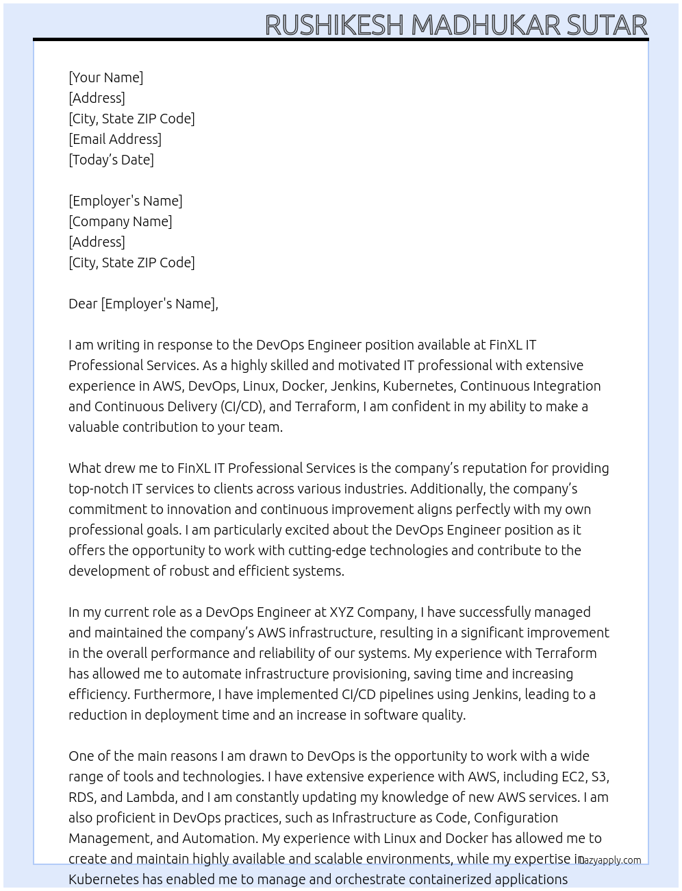 DevOps Engineer At FinXL IT Professional Services Cover Letter