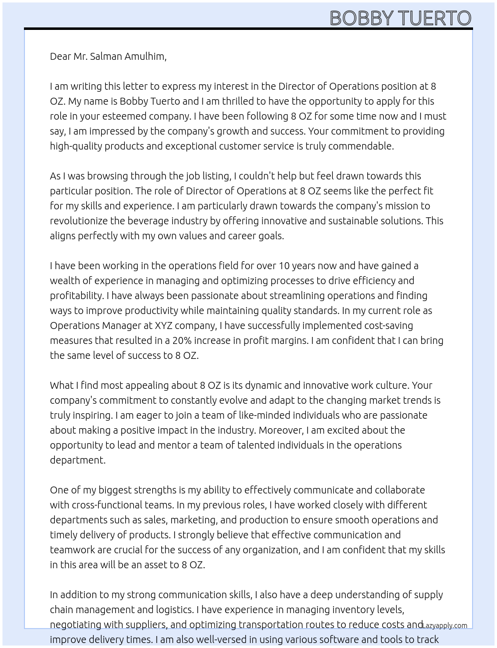 Director of Operations At 8 OZ Cover Letter