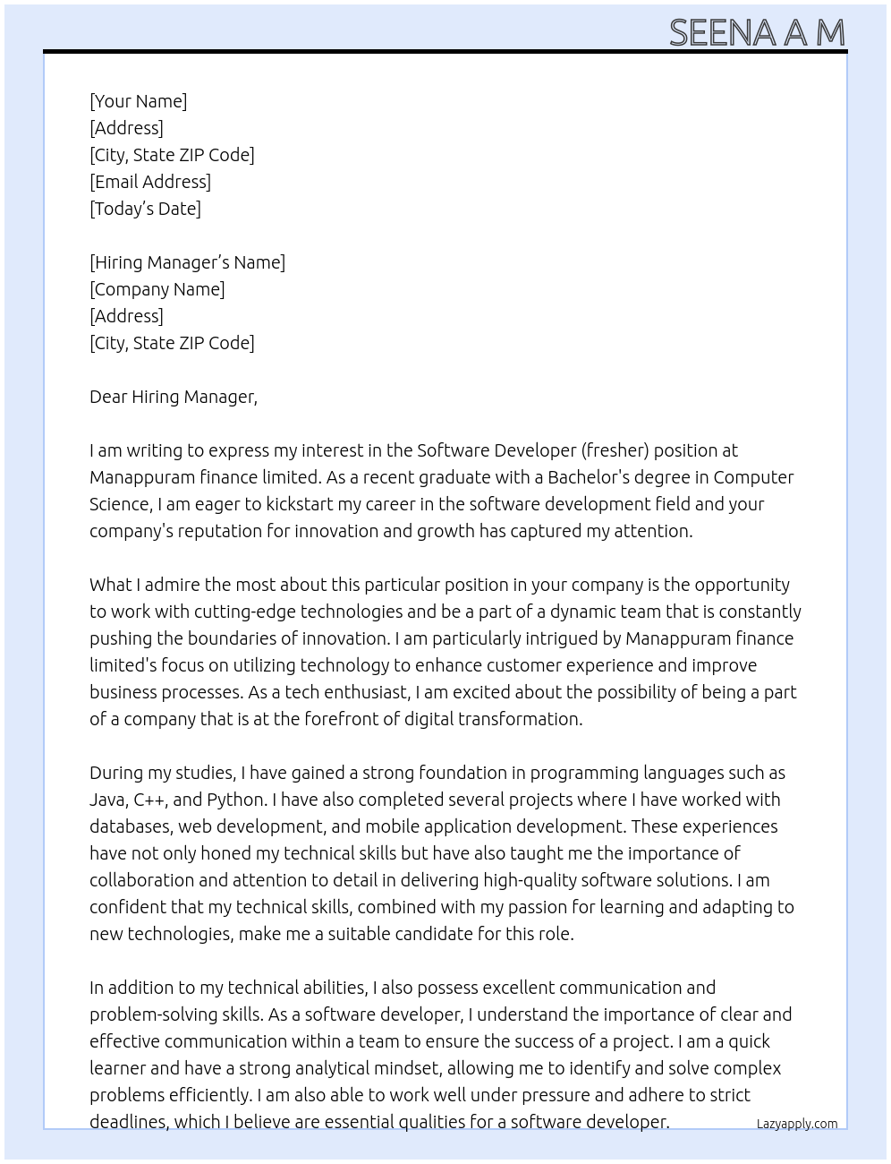 Software Developer (fresher) At Manappuram finance limited Cover Letter