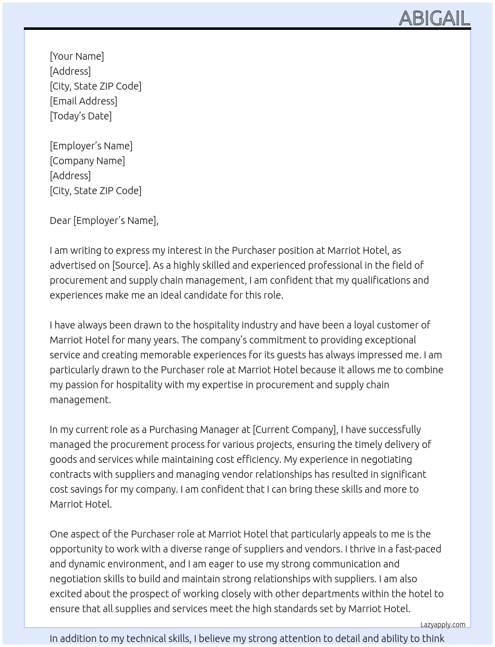 purchaser At Marriot Hotel Cover Letter