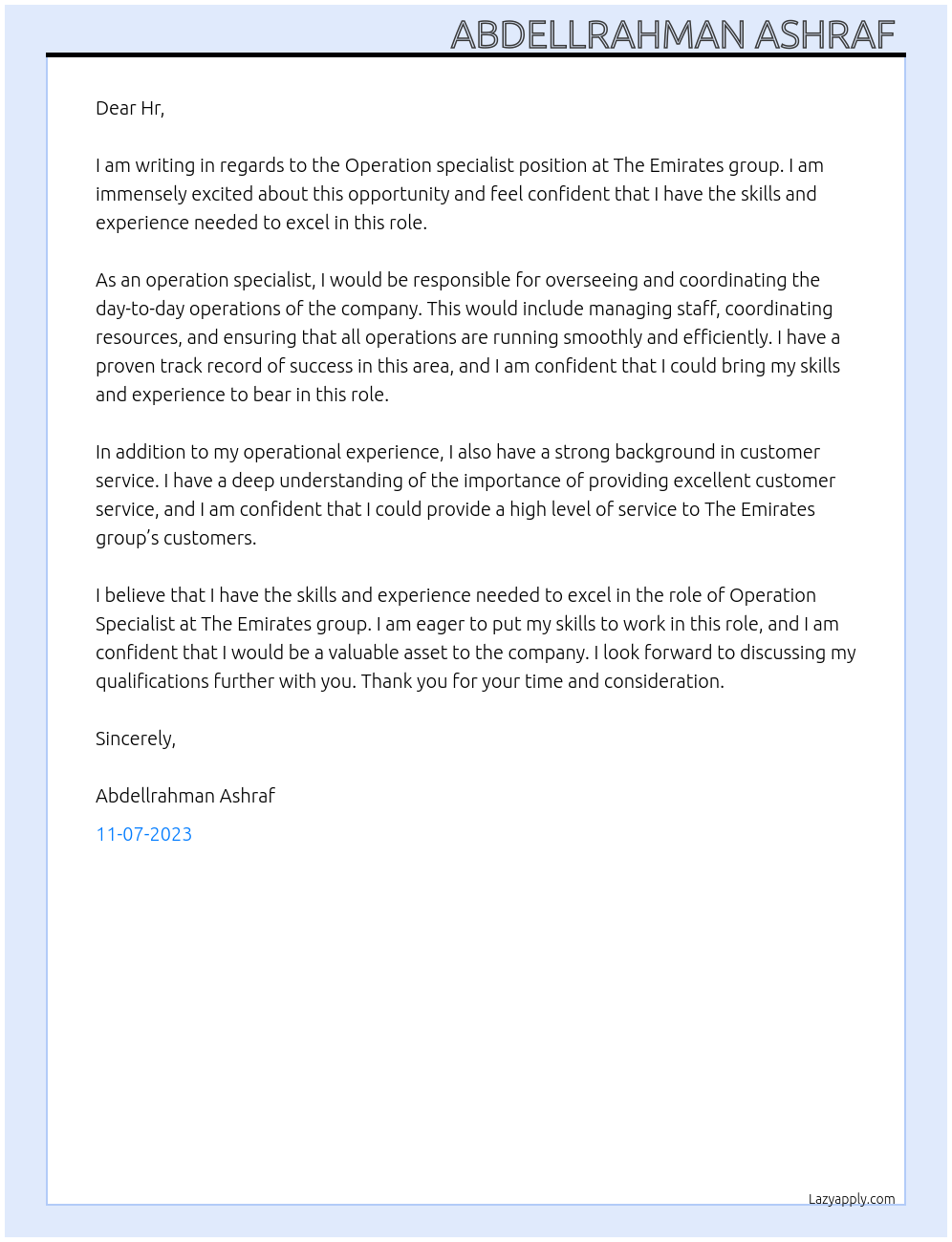 Operation specialist At The Emirates group  Cover Letter