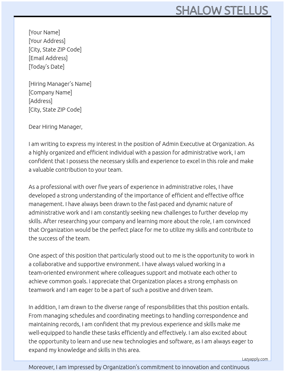 Admin Executive At Organization Cover Letter