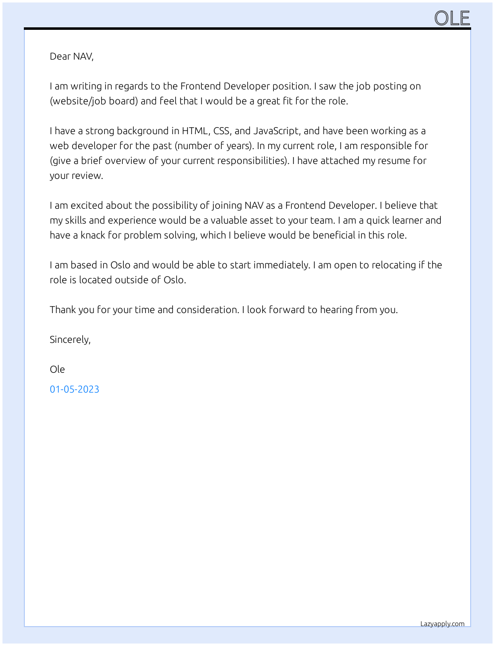 Frontend Developer At NAV Cover Letter
