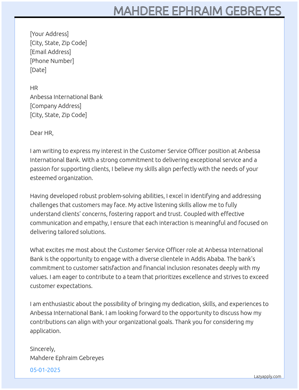 Customer service officer  At Anbessa International Bank Cover Letter