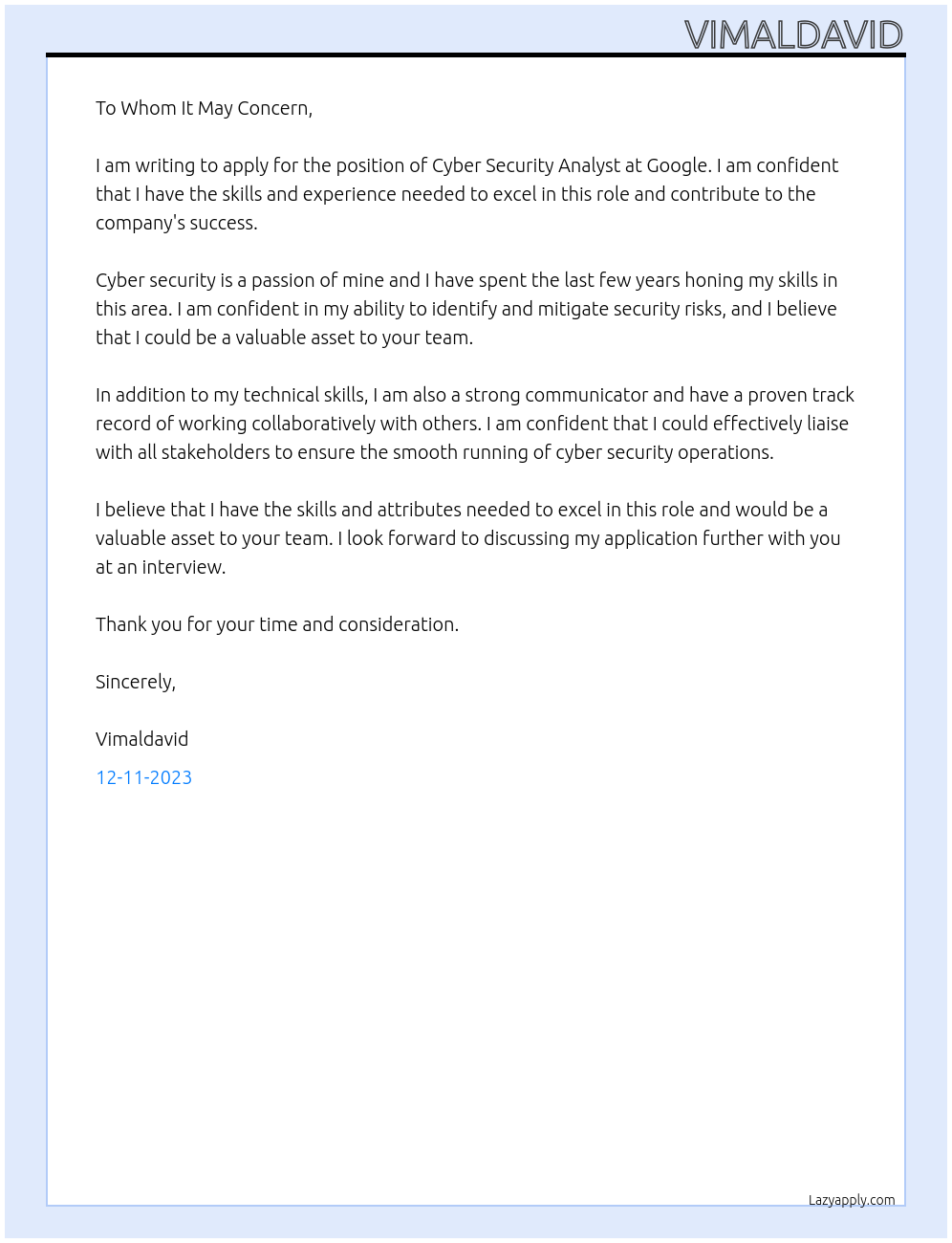 cyber security analyst At Google Cover Letter