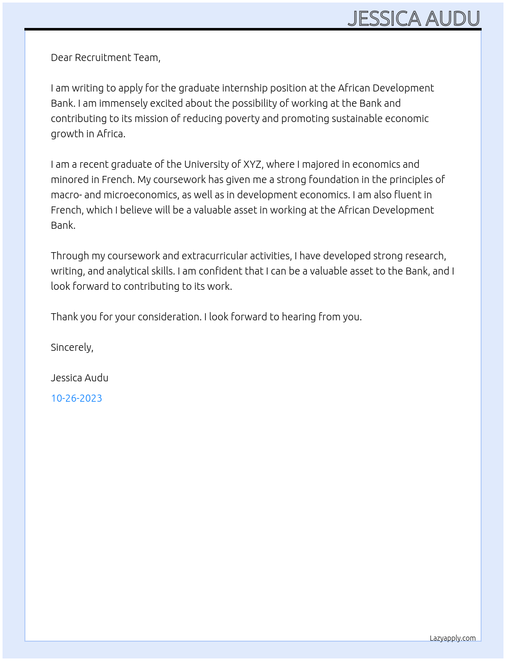 Graduate internship At African Development Bank Cover Letter