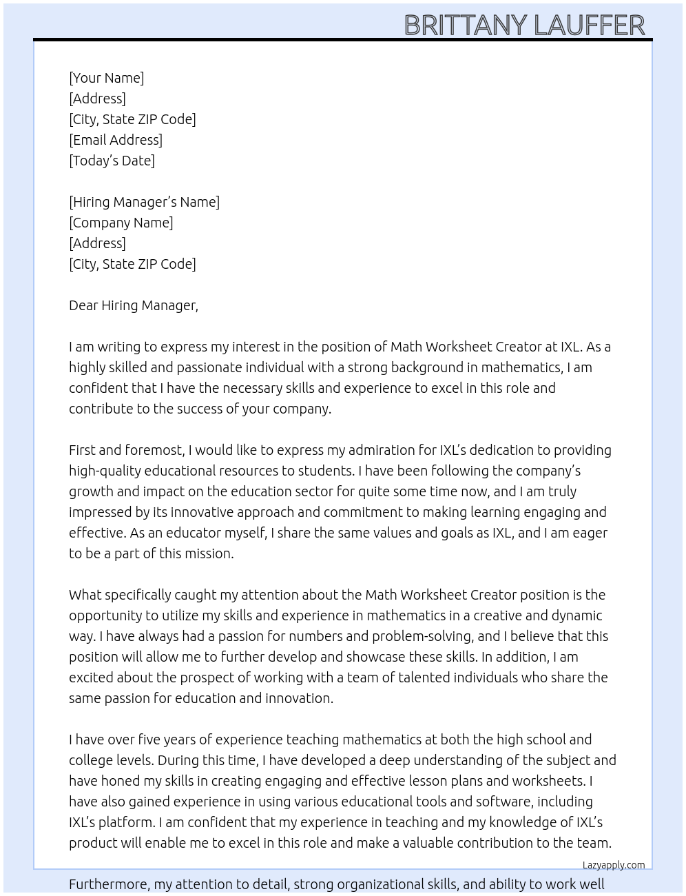 Math Worksheet Creator At IXL Cover Letter