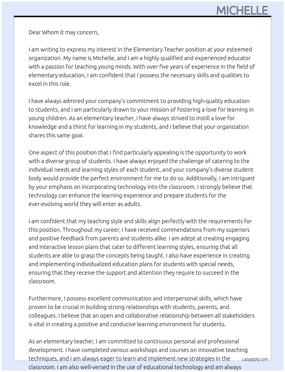 Elementary Teacher At Whom it may concern Cover Letter