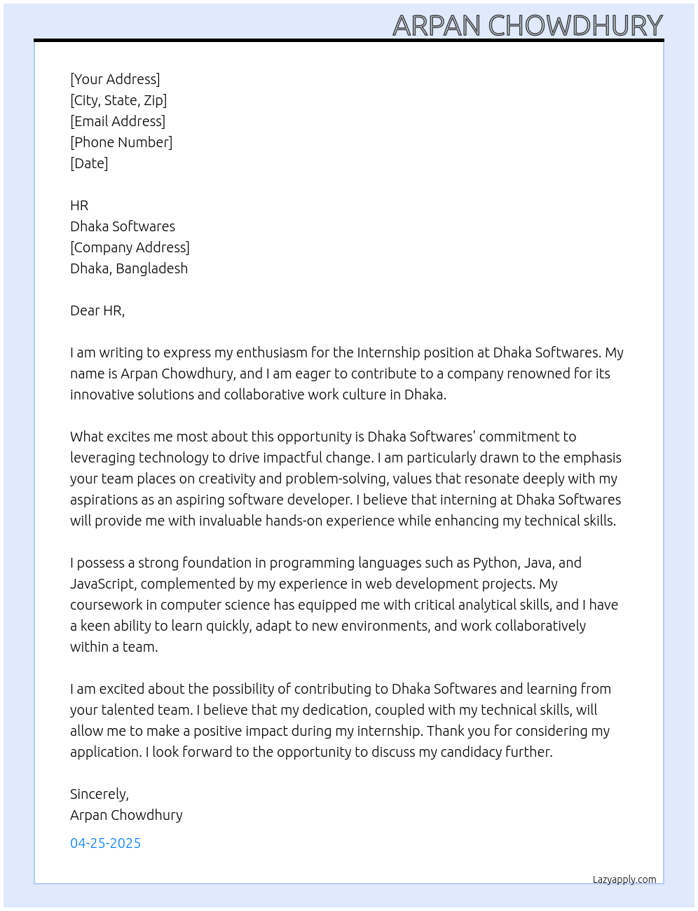 Internship At Dhaka Softwares Cover Letter