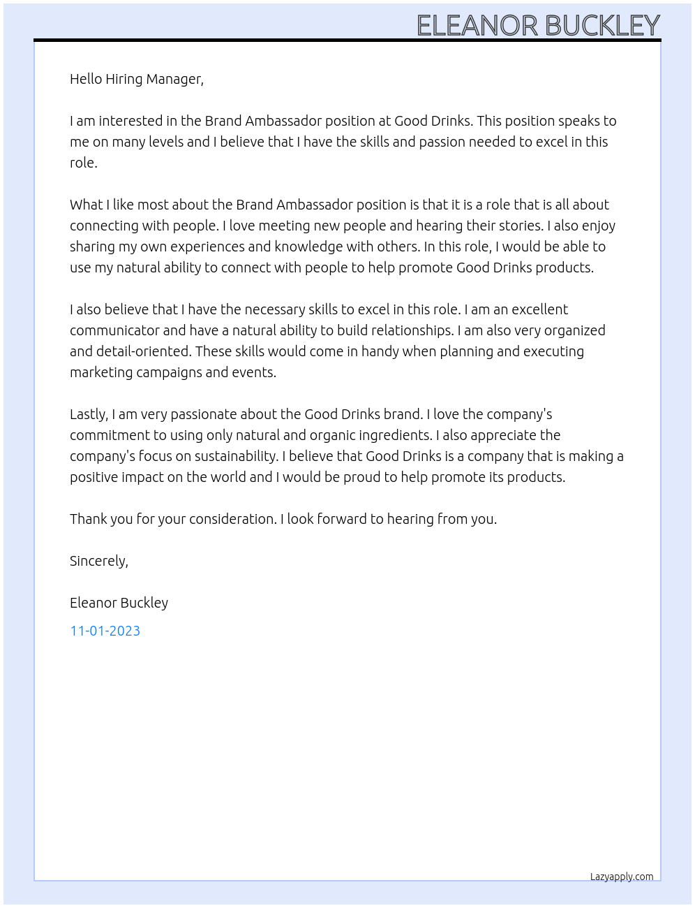 Brand Ambassador At Good Drinks Cover Letter