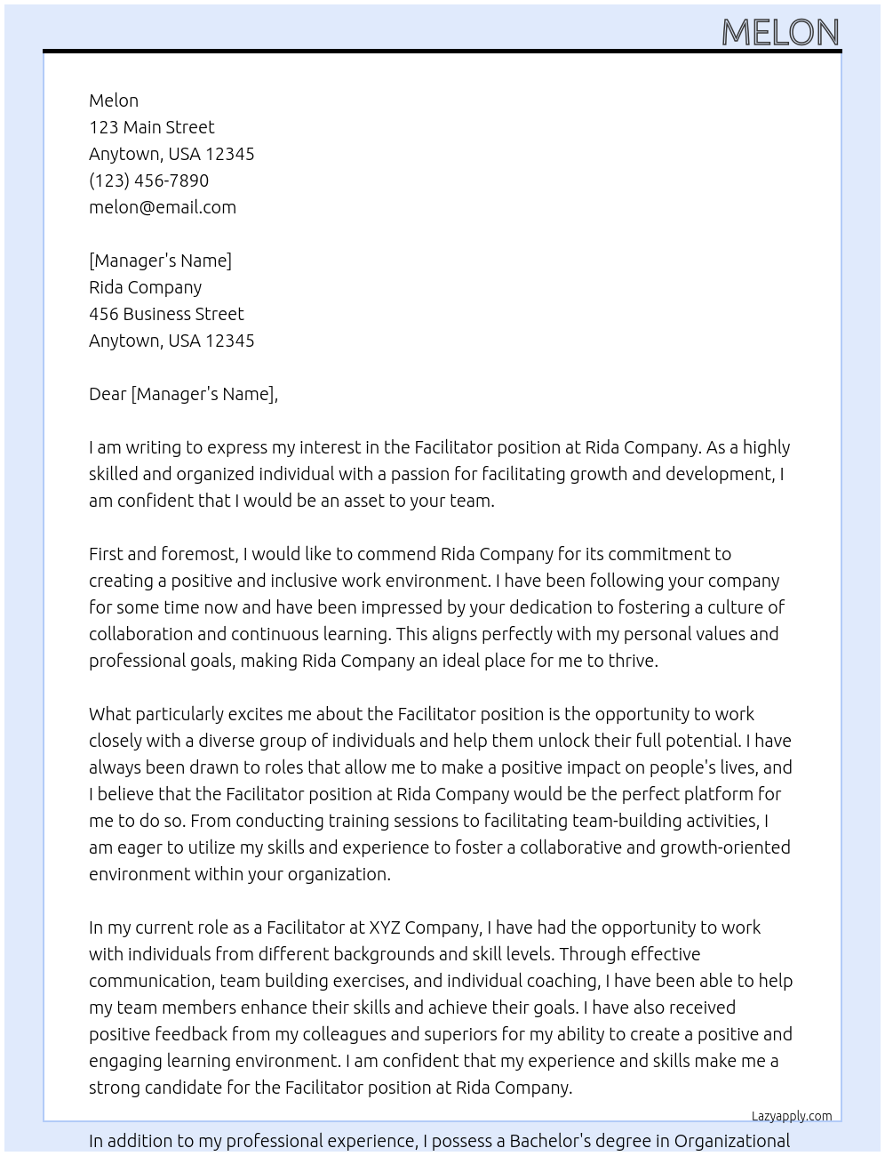 Facilitator At Rida Cover Letter