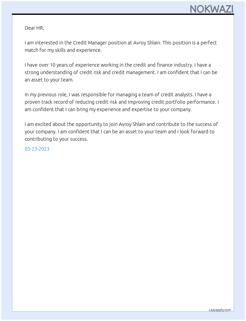 CREDIT MANAGER At AVROY SHLAIN Cover Letter