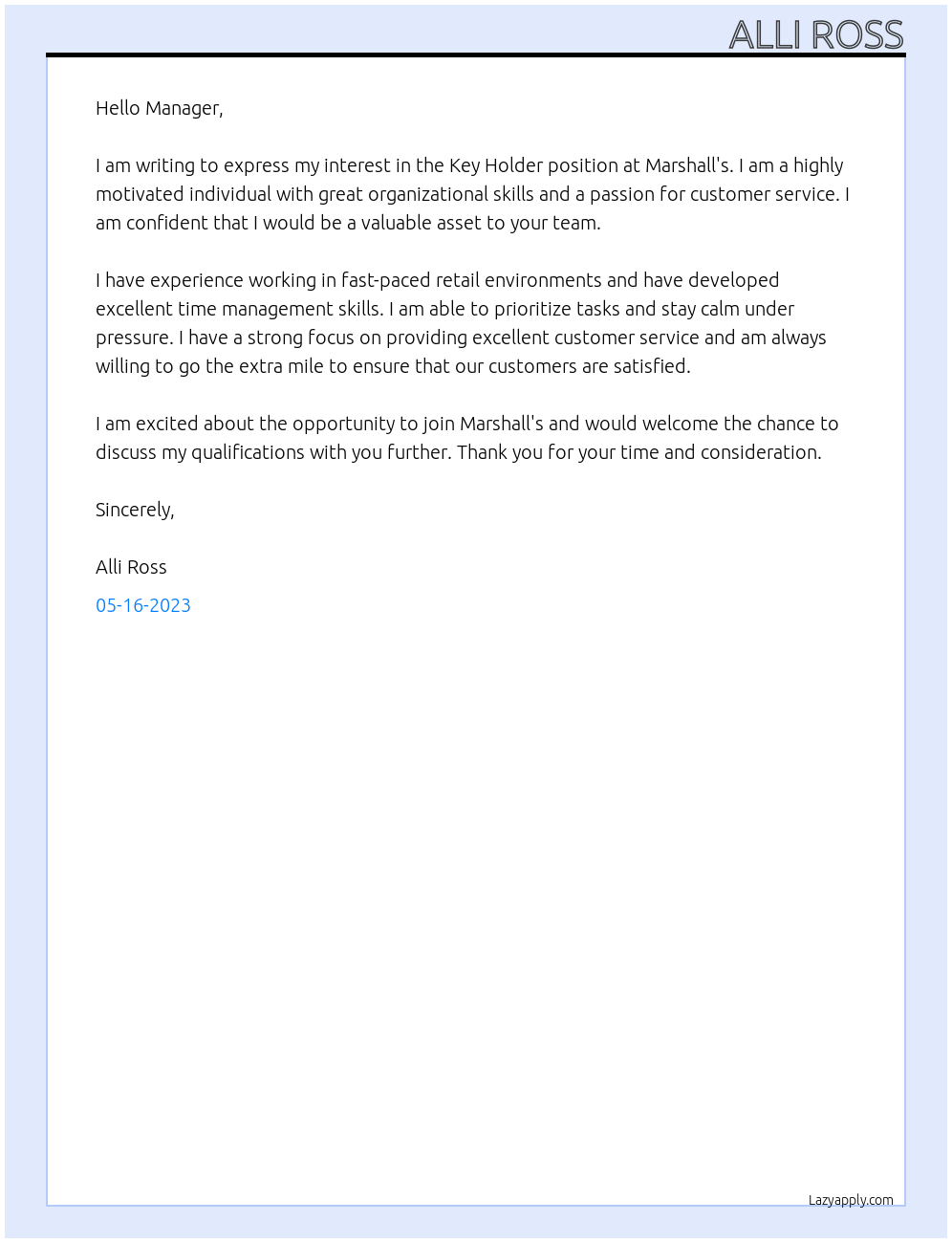 Cover letter for key holder - LazyApply