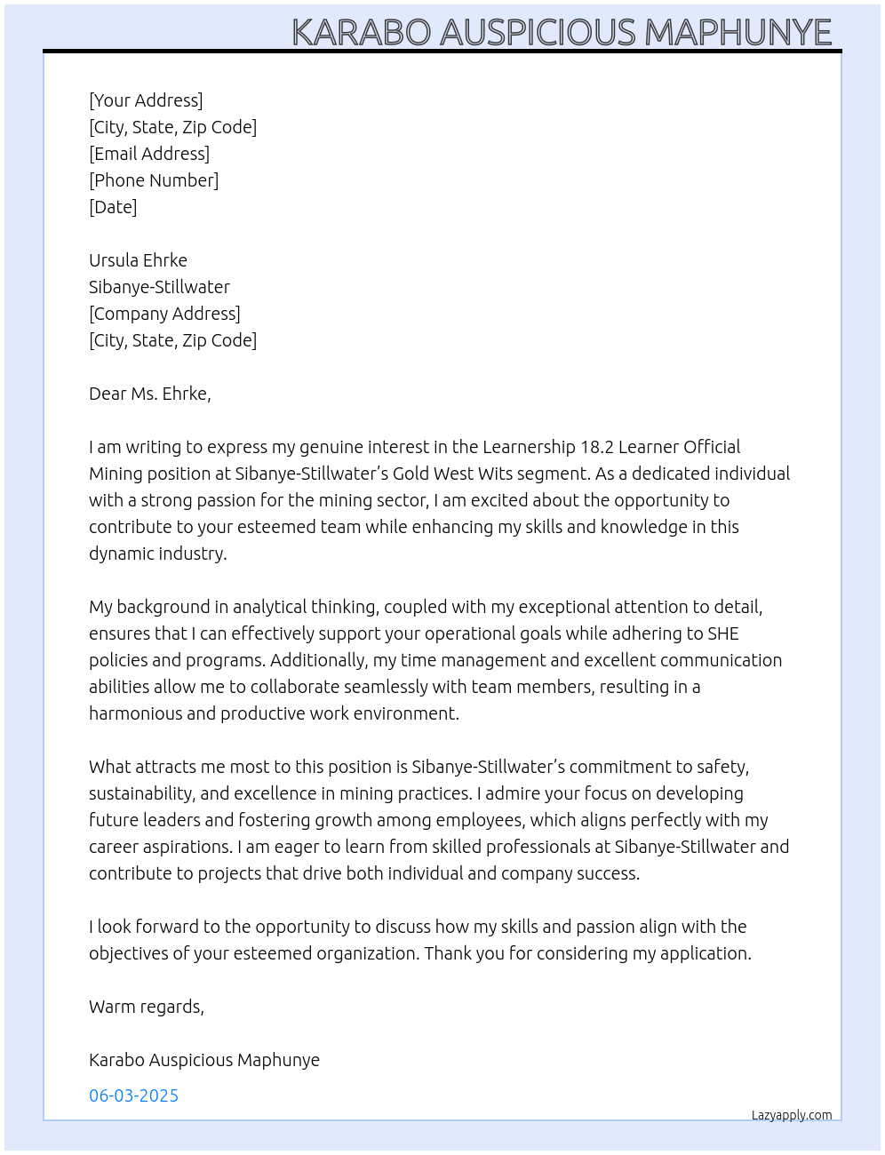 Cover letter for learnership 18.2 learner official mining - LazyApply
