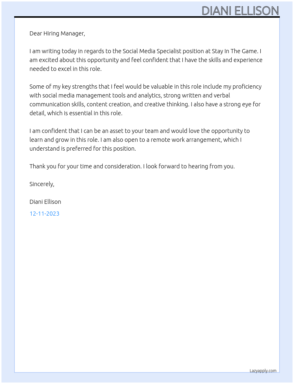 Social Media Specialist At Stay In The Game Cover Letter