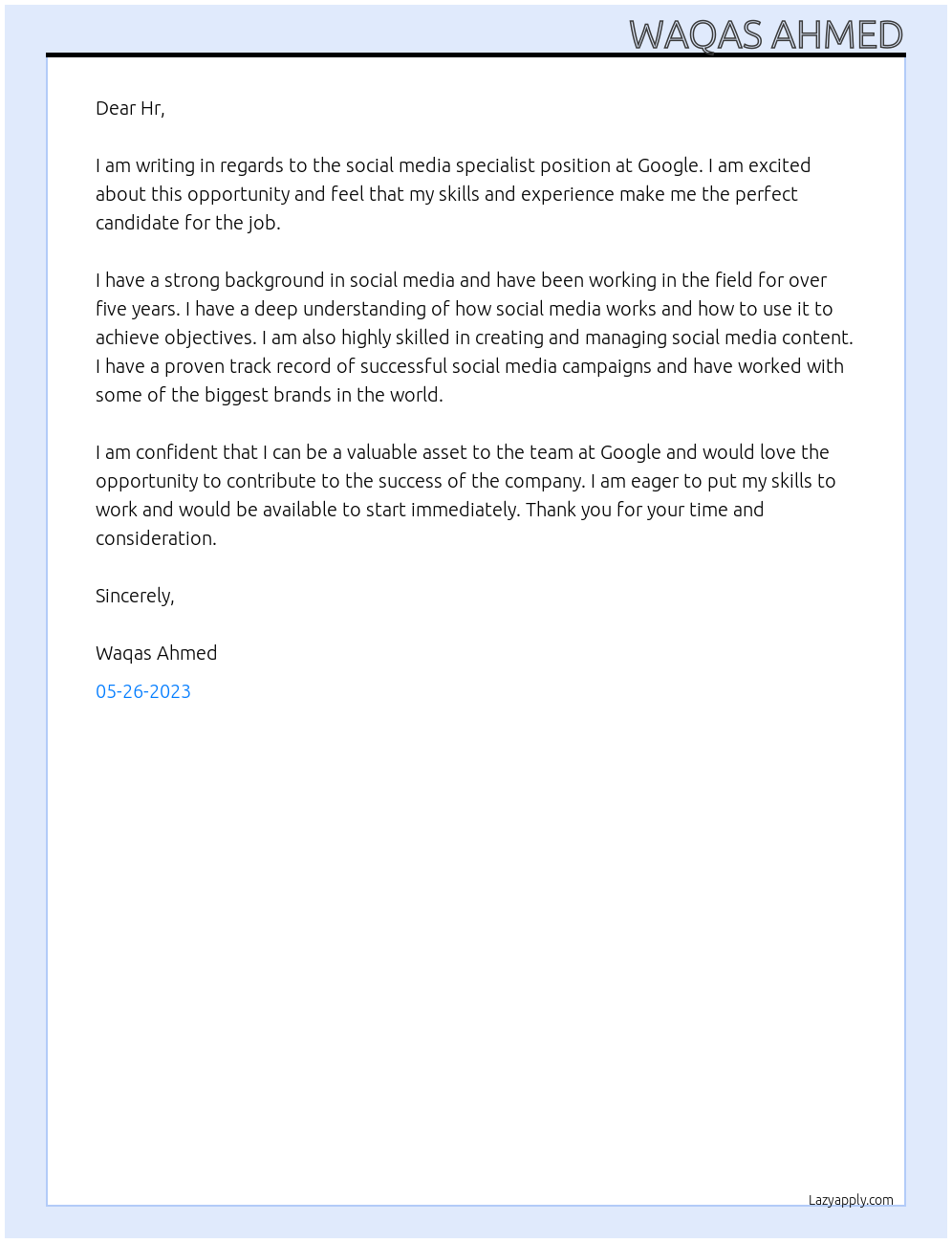Social media specialist At Google Cover Letter