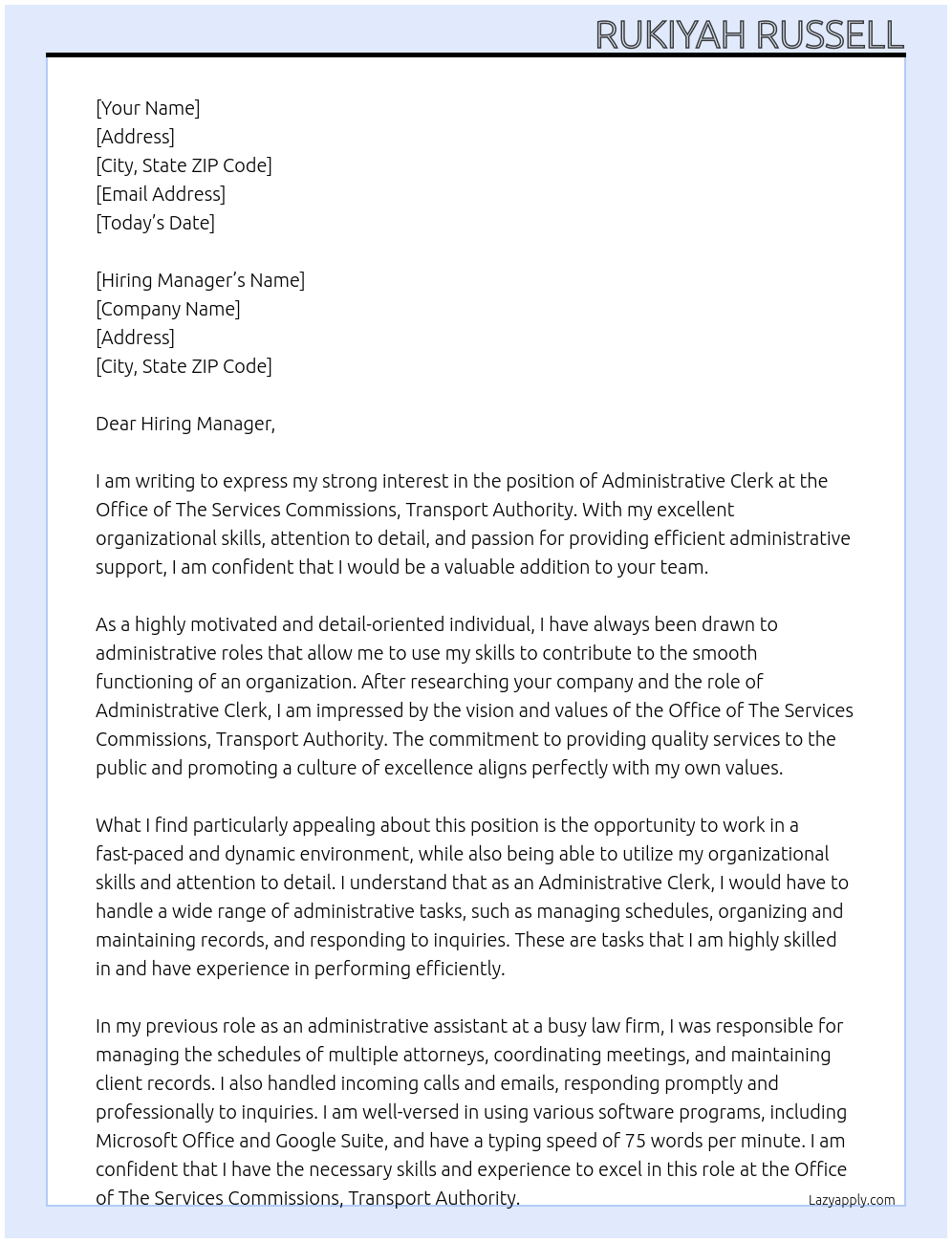 Administrative Clerk At Office of The Services Commissions, Transport Authority Cover Letter