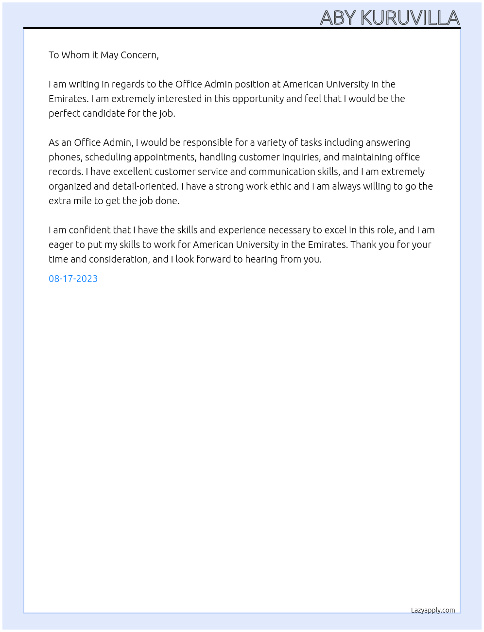 Office admin At American University in the Emirates Cover Letter