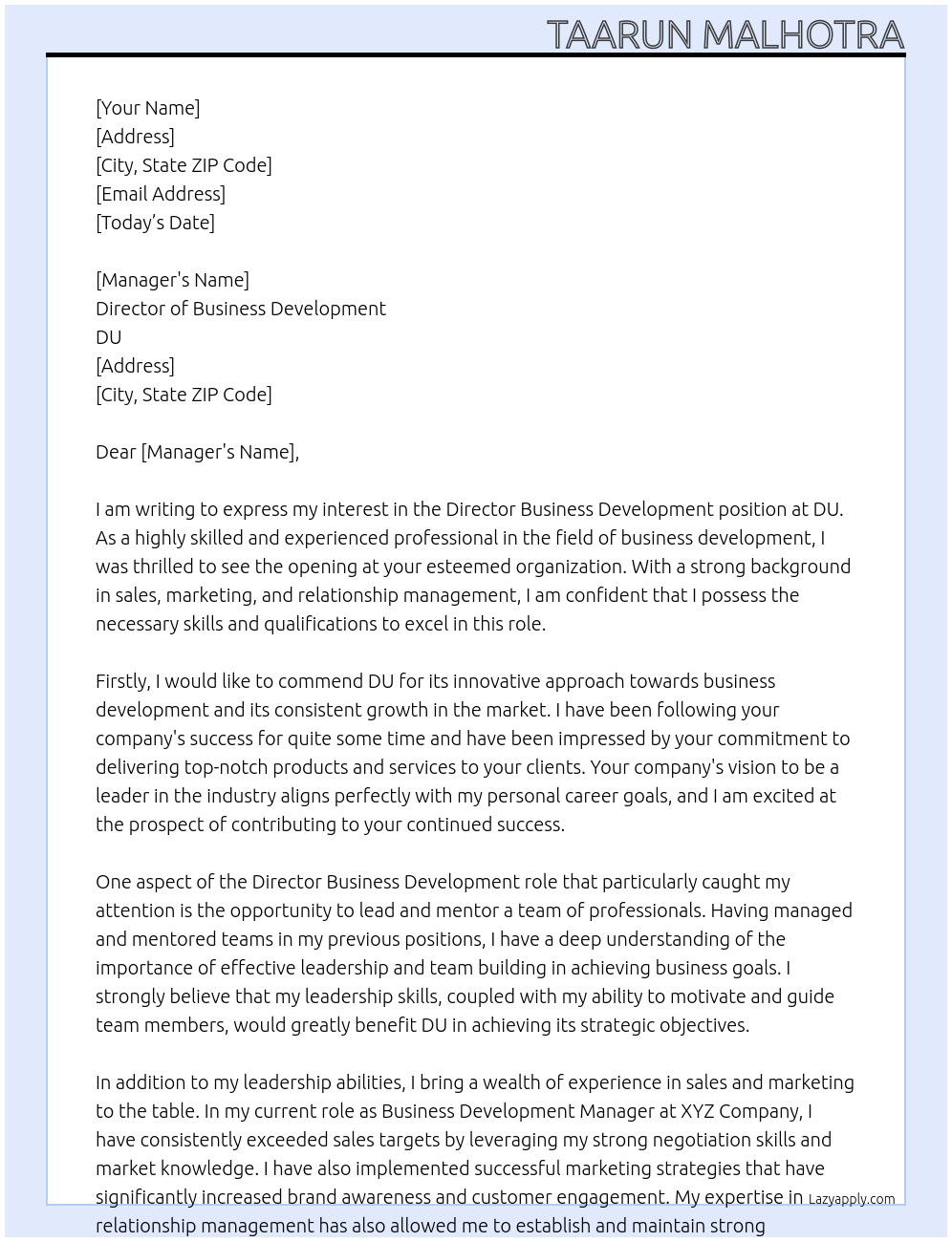 Director Business Development  At DU Cover Letter