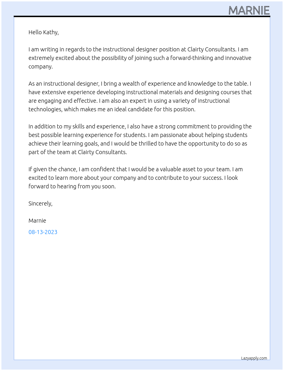 Instructional Designer At Clairty Consultants Cover Letter