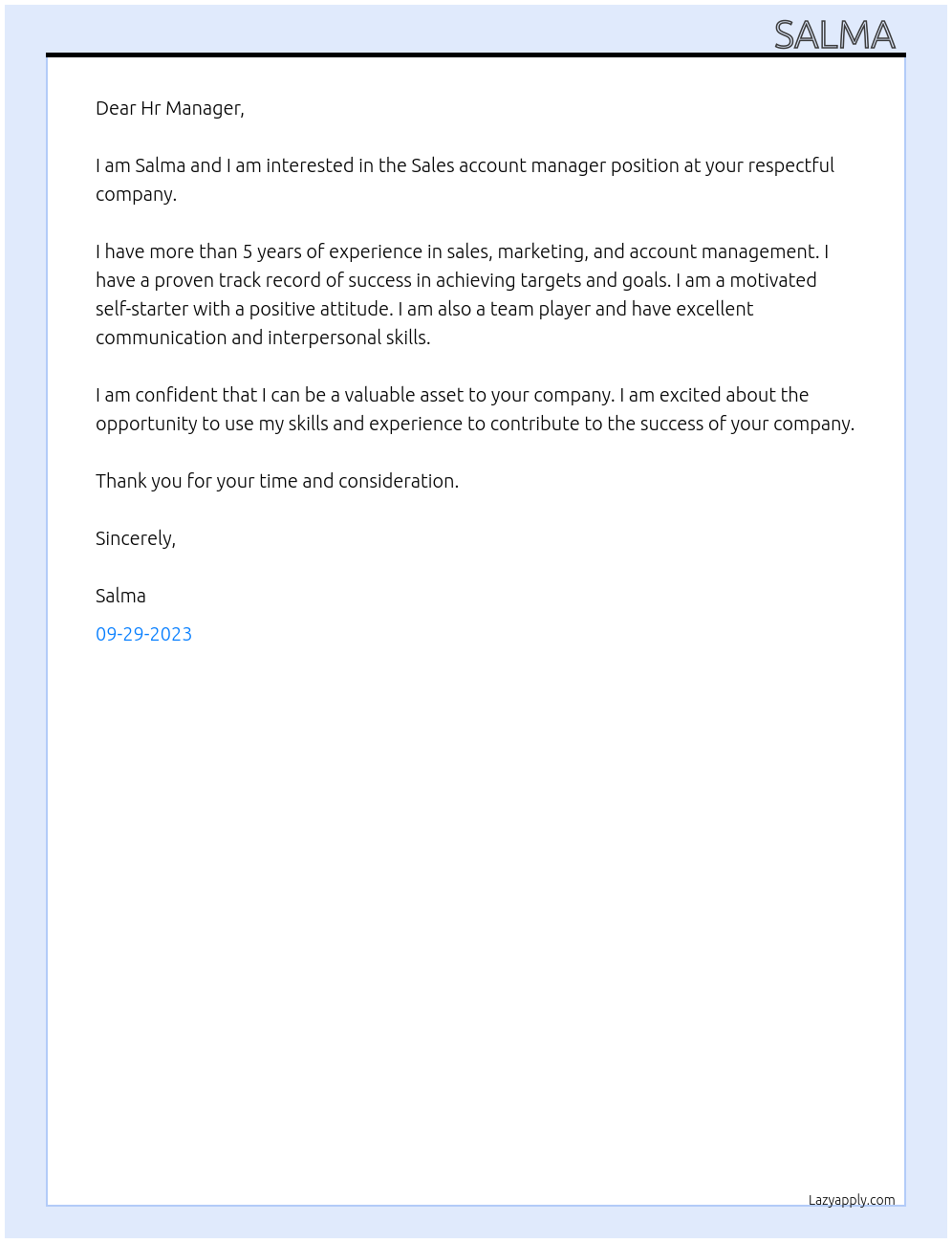Sales account manager At Your respectful company Cover Letter