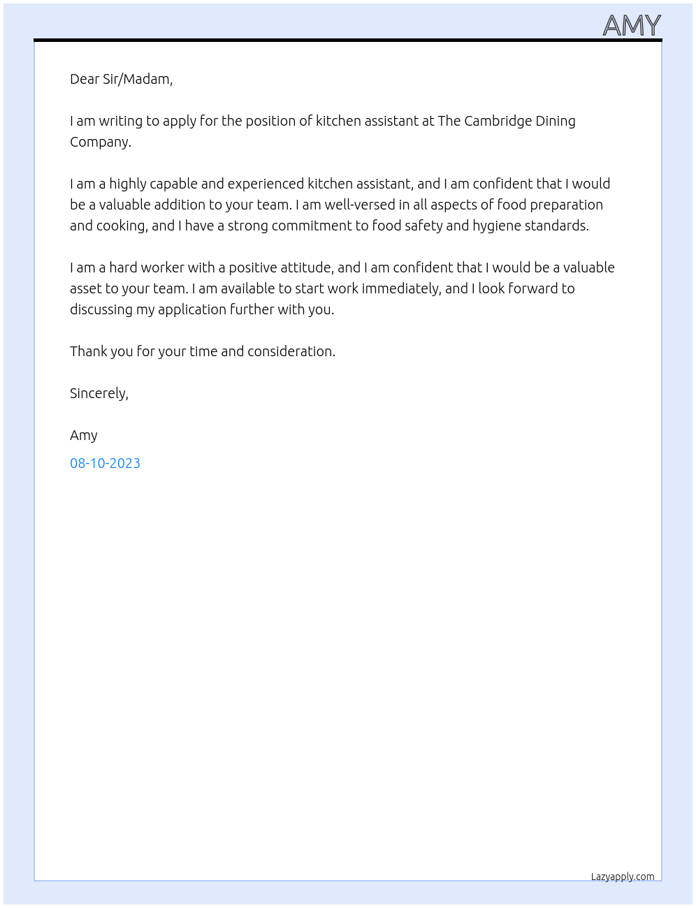kitchen assistant At the cambridge dining company Cover Letter