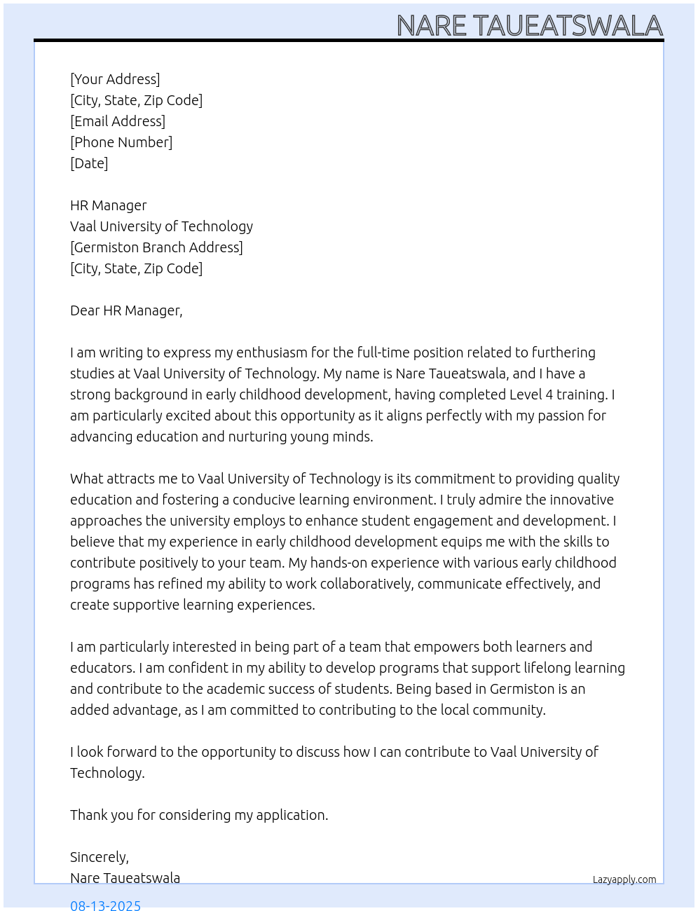 Cover letter for furthering studies - LazyApply