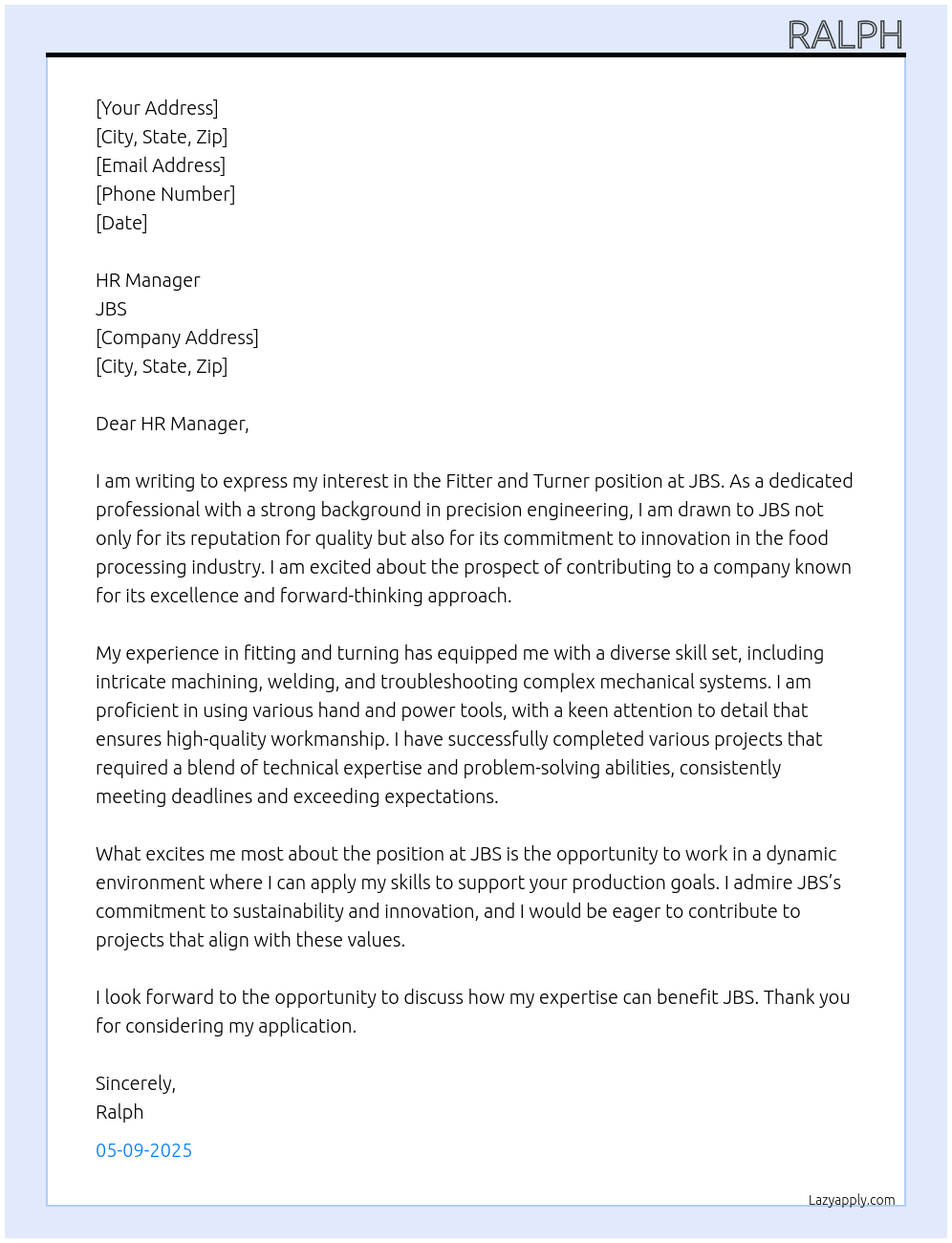 Fitter and turner At JBS Cover Letter