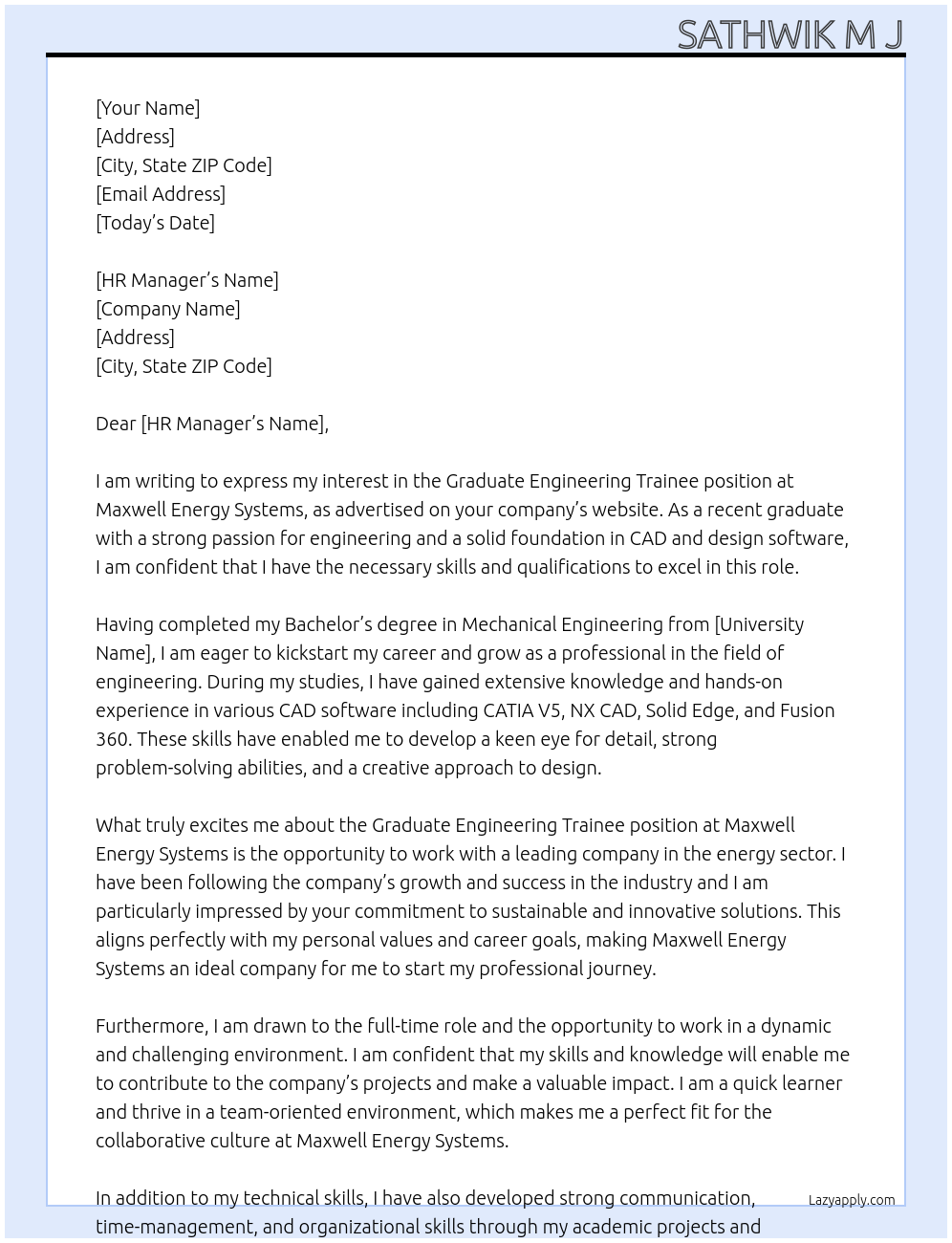 Graduate Engineering trainee At Maxwell Energy Systems Cover Letter