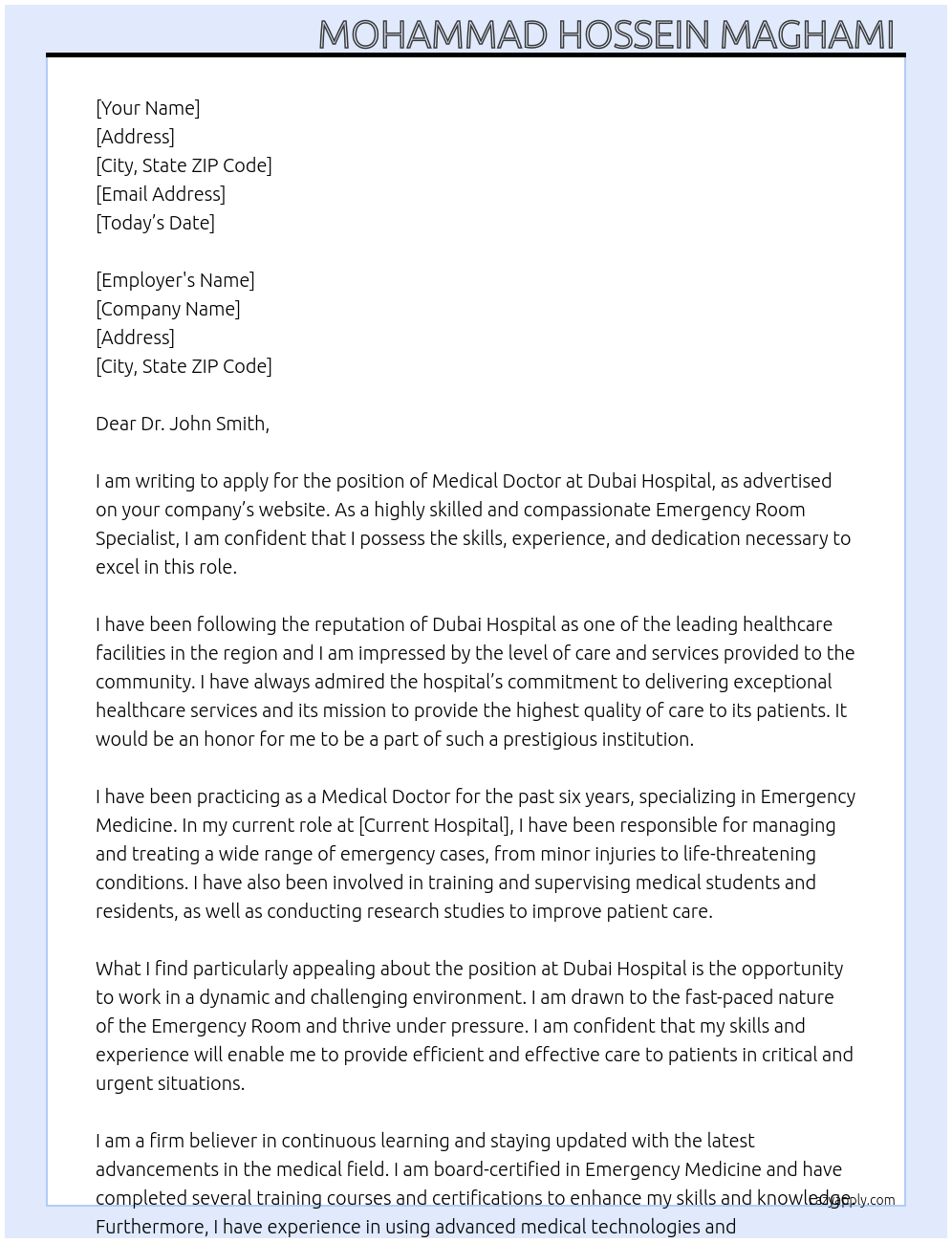 Medical doctor At Dubai hospital Cover Letter