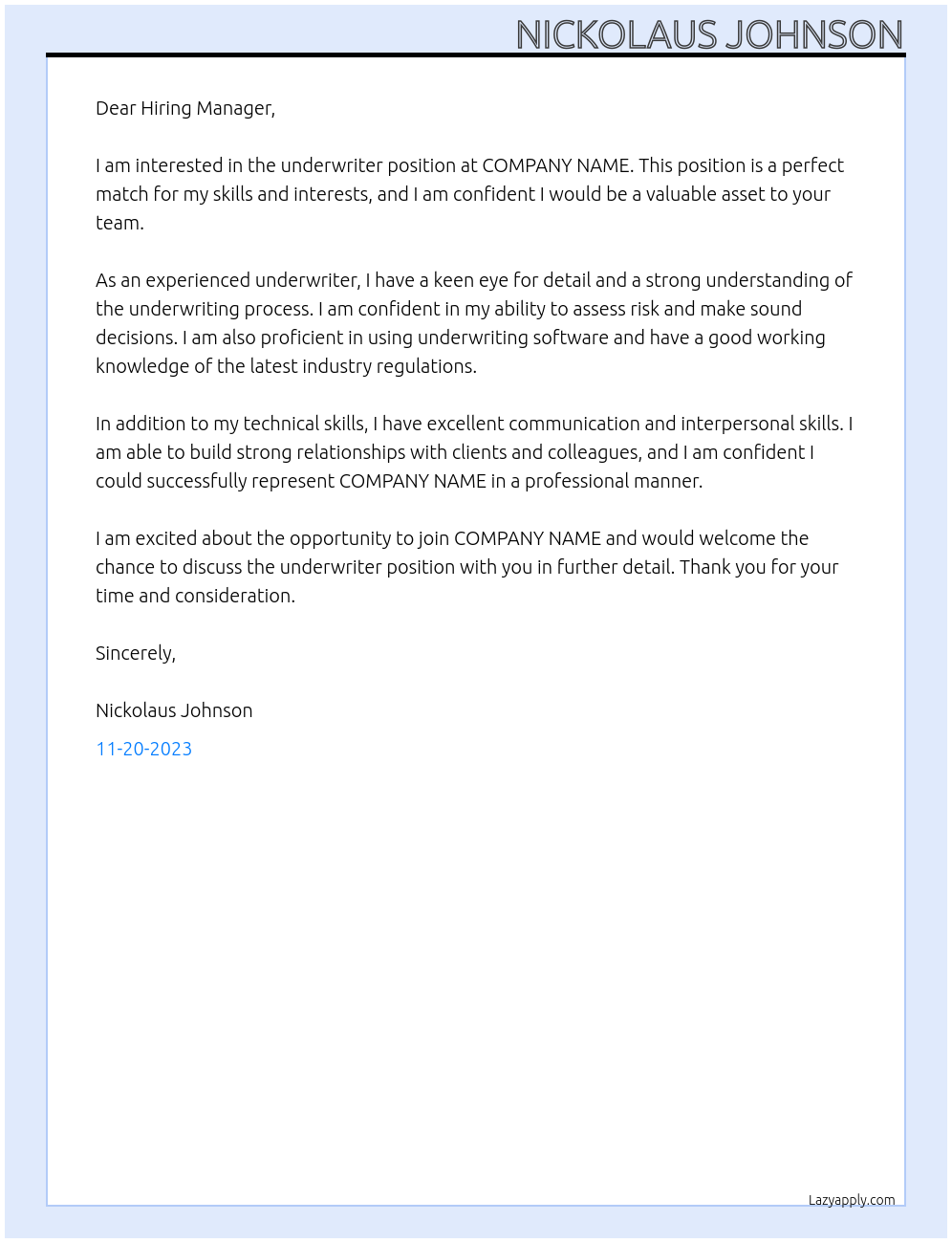 Underwriter At COMPANY NAME Cover Letter