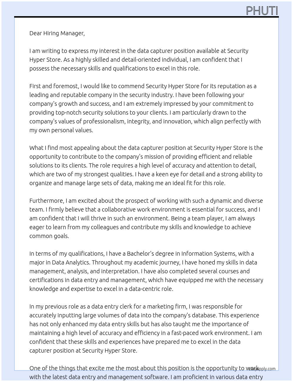 data capturer At security hyper store Cover Letter