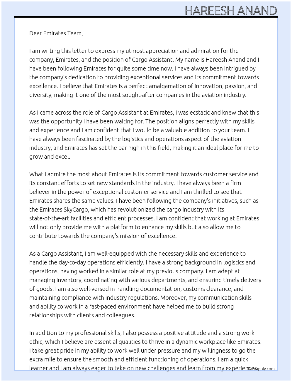 CARGO ASSISTANT At EMIRATES Cover Letter