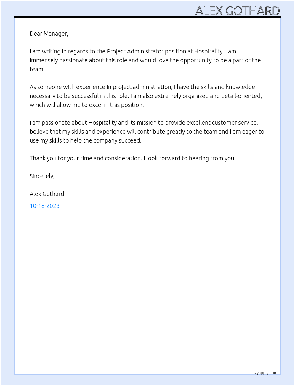 Project Administrator At Hospitality Cover Letter