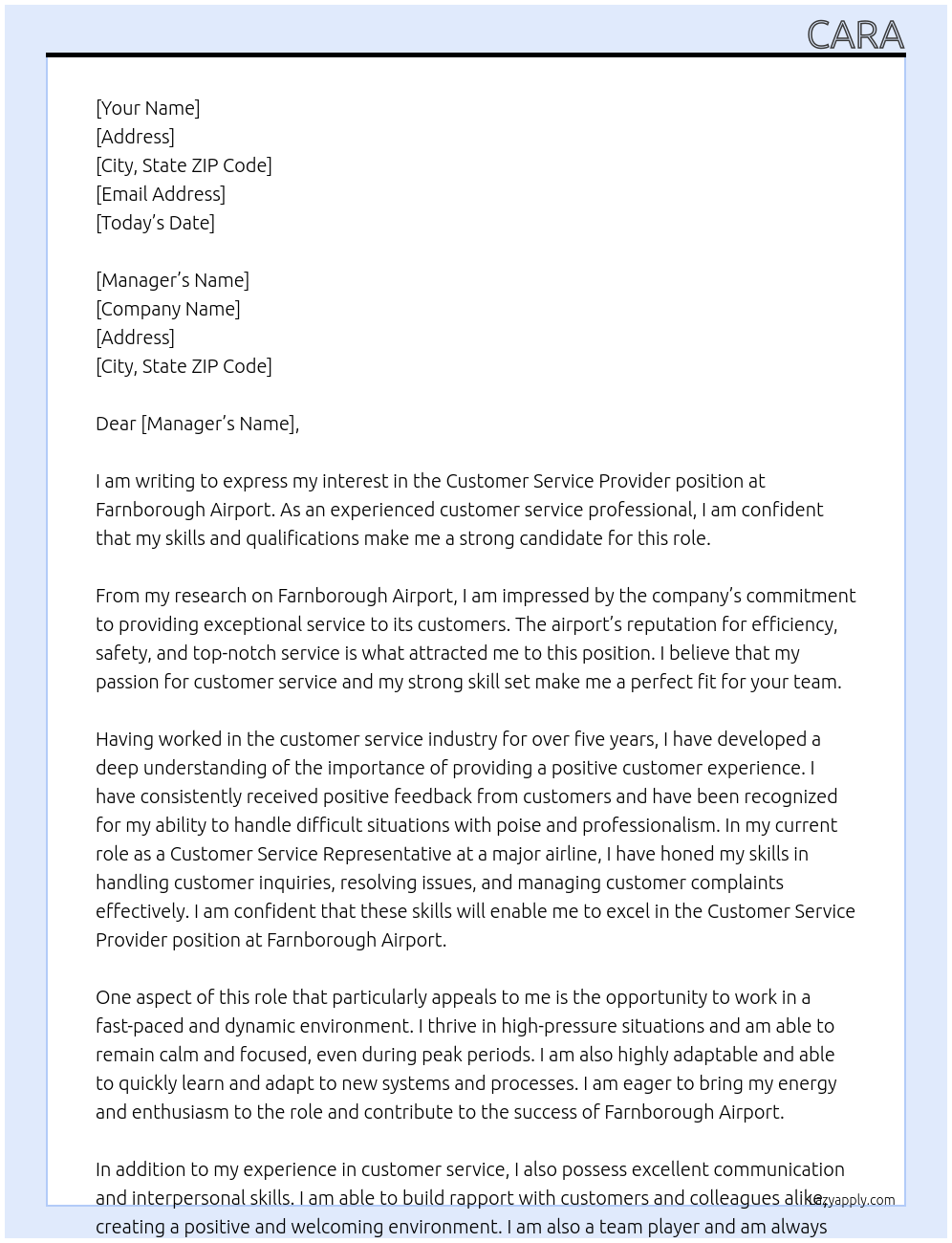 Customer service provider At Farnborough airport  Cover Letter