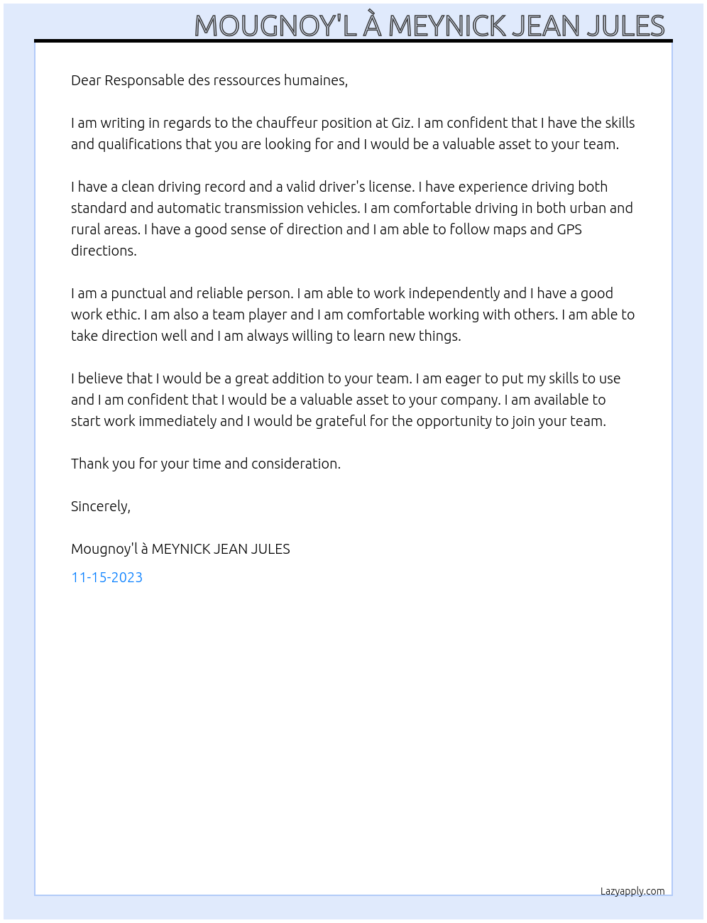 Chauffeur At Giz Cover Letter