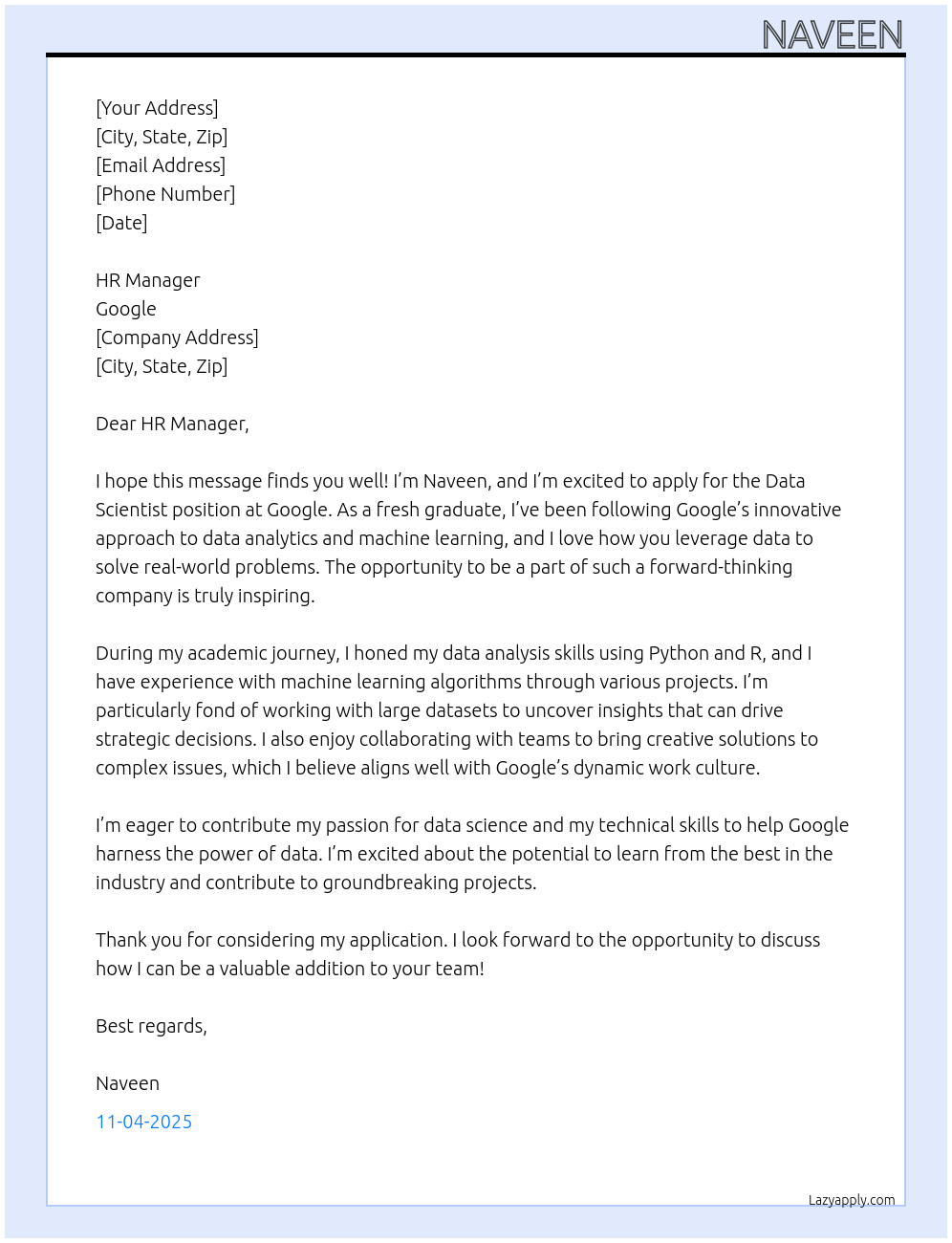 Data Scientist  At Google Cover Letter
