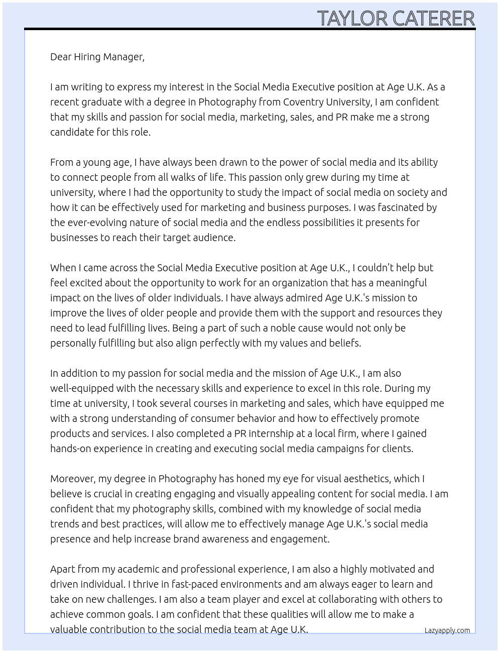 Social Media Executive At Age U.K. Cover Letter