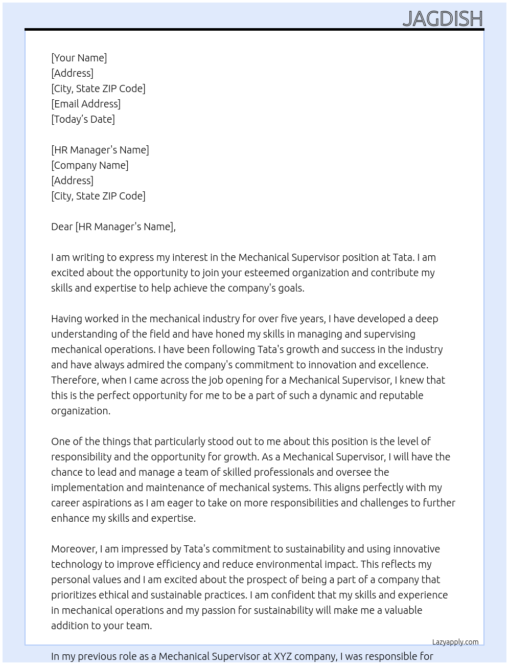 Mechanical supervisor  At Tata Cover Letter