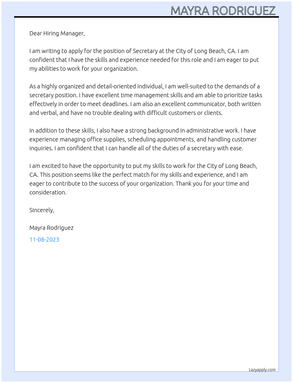 SECRETARY At City of Long Beach, CA Cover Letter