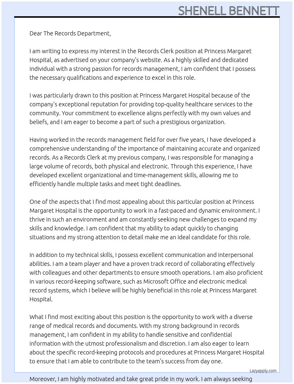 Records clerk At Princess Margaret Hospital Cover Letter