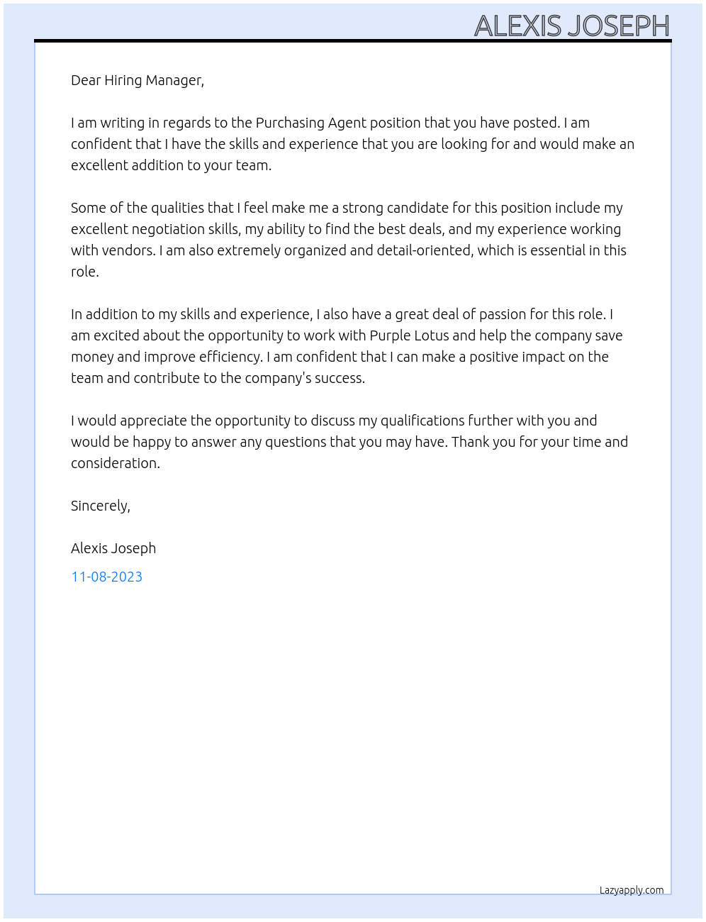 Purchasing Agent At Purple Lotus Cover Letter