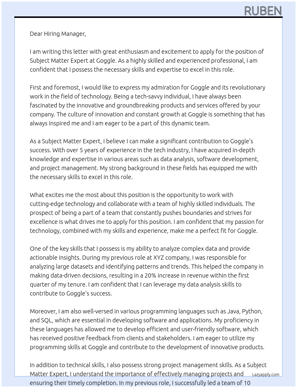 Subject matter expert At Goggle Cover Letter