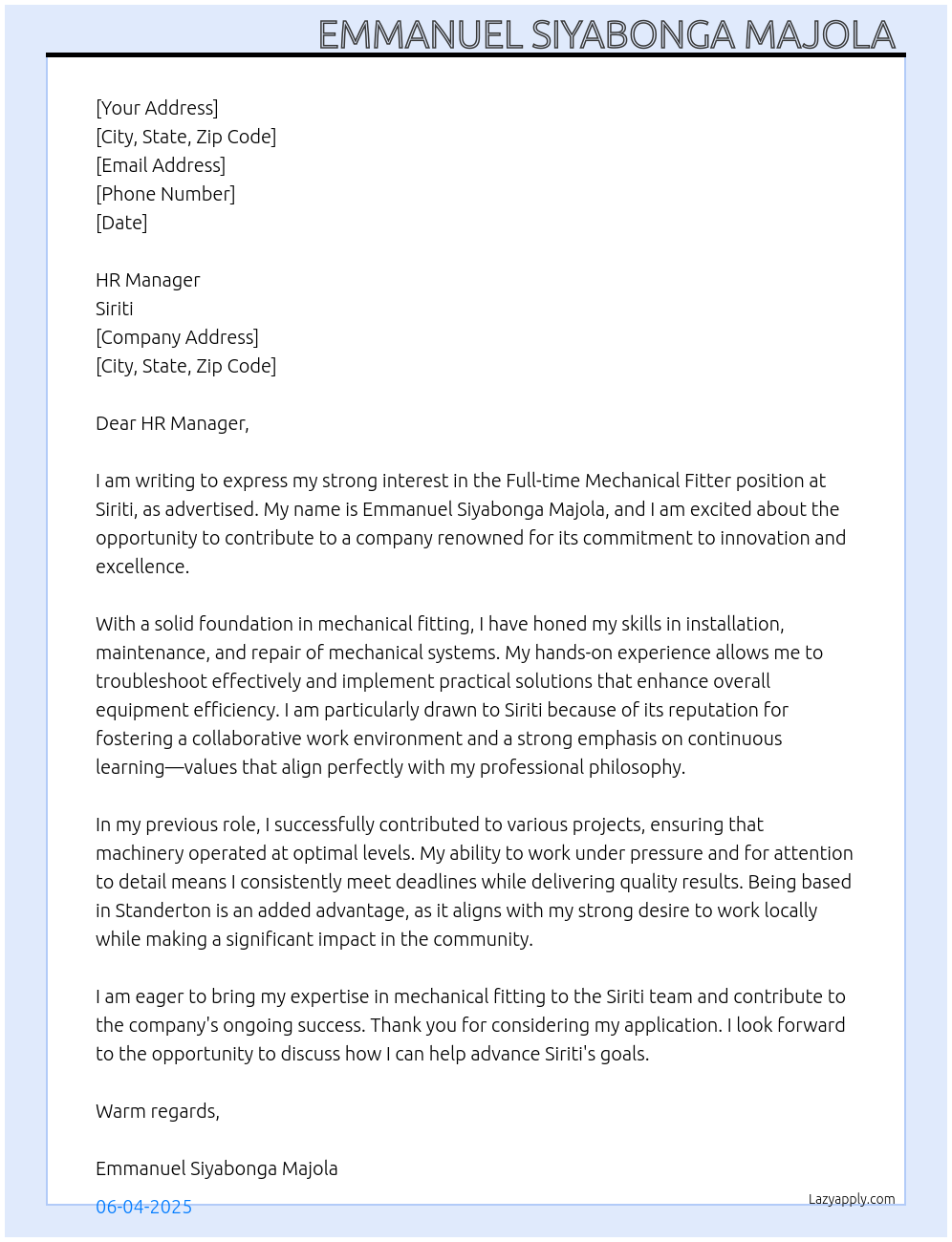 Mechanical Fitter At Siriti Cover Letter