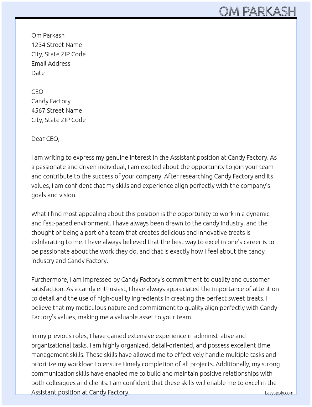 Assistant  At Candy factory  Cover Letter