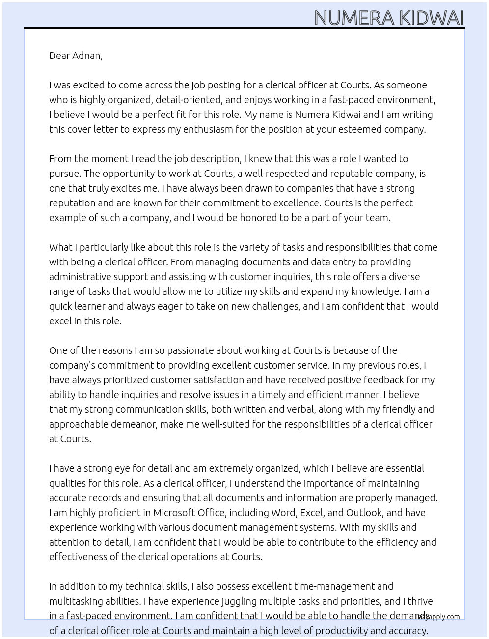 clerical officer At courts Cover Letter