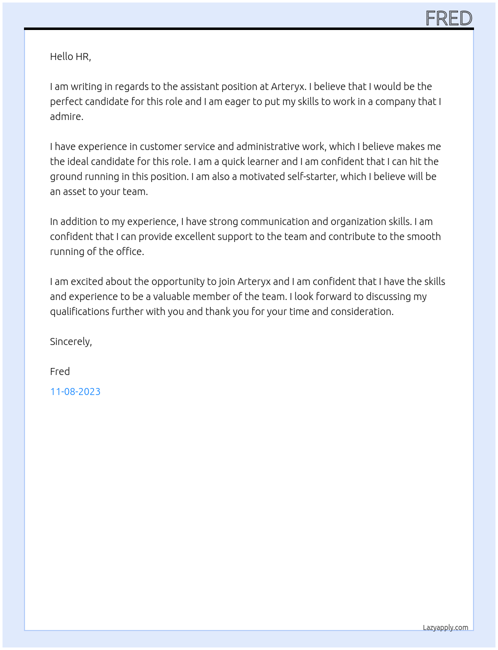 Assistant At Arteryx Cover Letter