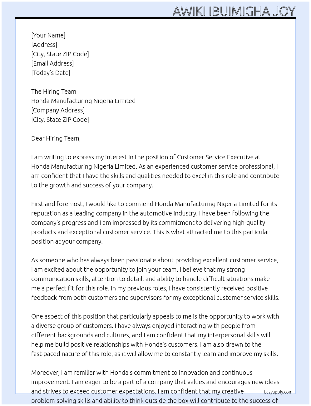 CUSTOMER SERVICE EXECUTIVE At Honda Manufacturing Nigeria Limited Cover Letter