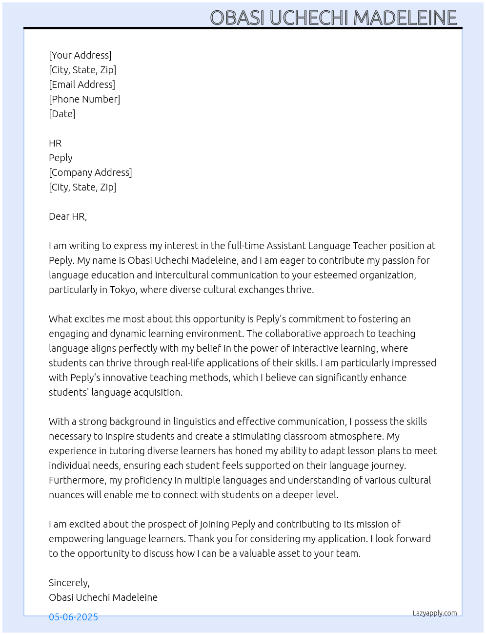 Assistant language teacher  At Peply Cover Letter